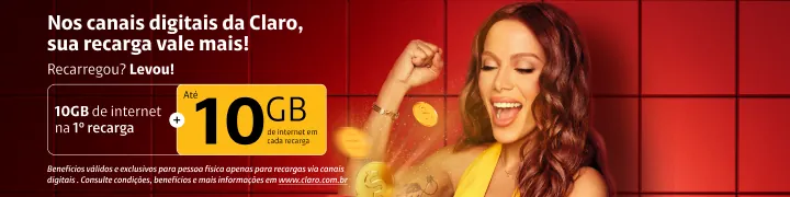 Nos canais digitais da Claro, sua recarga vale mais! 10GB de internet na 1ª recarga e até 10GB de internet em cada recarga.
